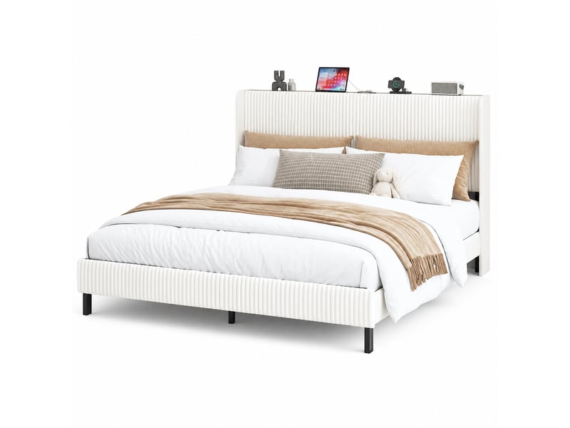  Lit adulte 180x200 cm en velours côtelé beige et crème avec tête de lit  - Conforama A