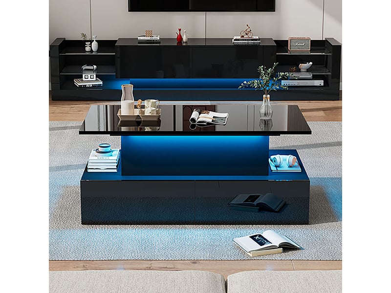  Table basse noire brillante avec éclairage led et 4 tiroirs - plateau extensible 90x55x41 cm  - Conforama R