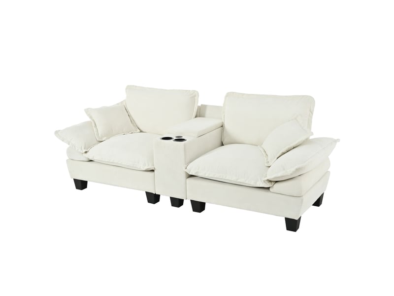  Canapé 2 places modulable beige en chenille avec repose-pieds, rangement, porte-gobelets et ports usb  - Conforama A