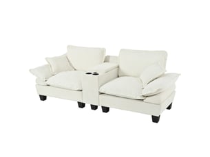 Canapé 2 places modulable beige en chenille avec repose-pieds, rangement, porte-gobelets et ports usb