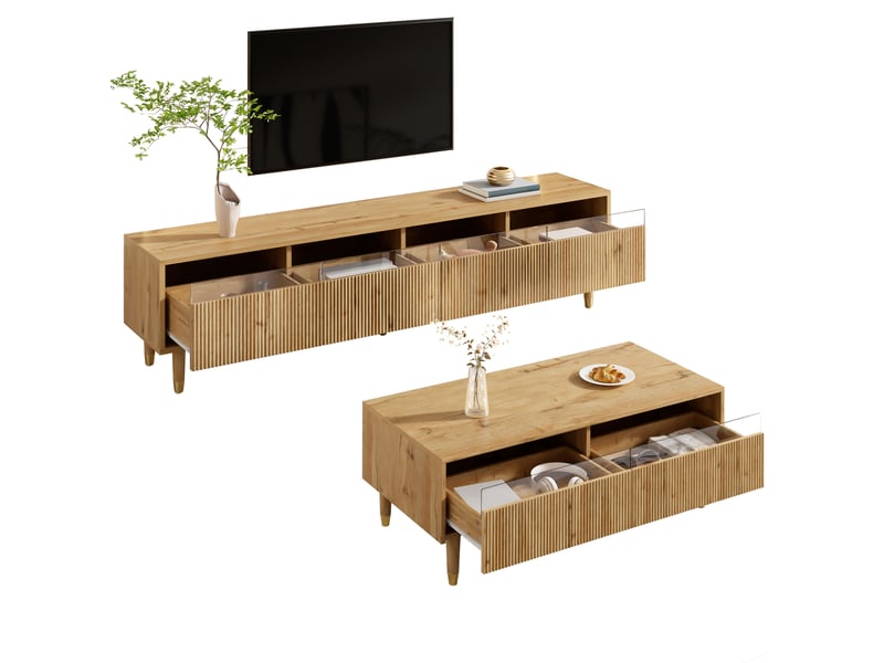  Ensemble meuble tv et table basse avec led en mdf, finition bois et doré  - Conforama D