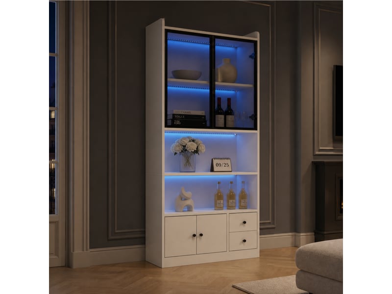 Vitrine avec portes en verre fumé, tiroirs et led rvb pilotée par application pour salon, salle à manger ou bureau - Conforama E