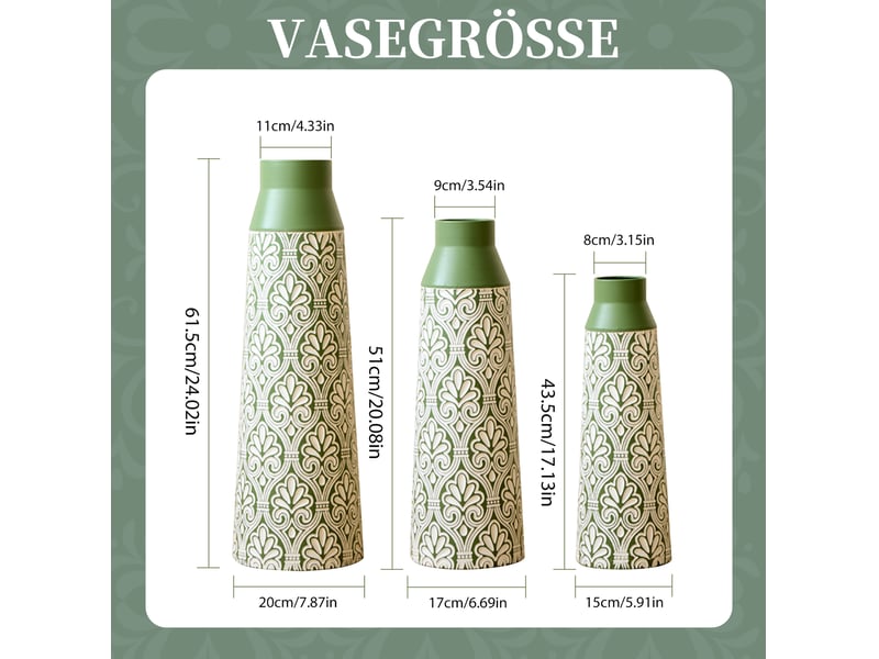  Lot de 3 vases de sol 61,5, 51 et 43,5 cm verts en métal, motif rétro pour fleurs séchées et pampas  - Conforama C