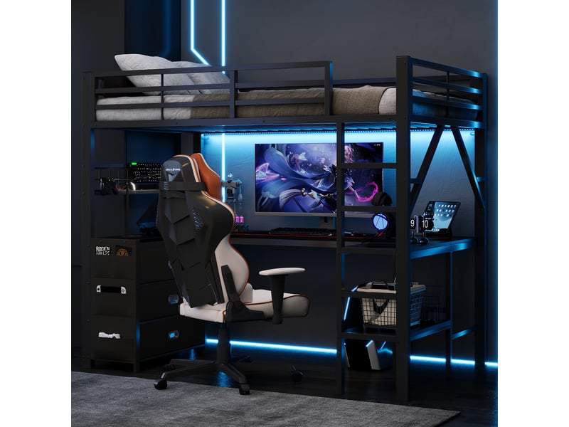 Lit mezzanine gaming 90x200cm en métal avec bureau en u,éclairage led,panneau perforé,3 tiroirs,lit superposé avec étagères,sans matelas,noir  - Conforama B