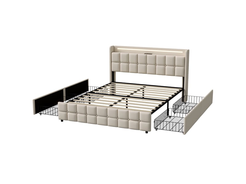 Lit double 180x200cm - lit rembourré 180x200cm avec 4 tiroirs - prises de courant ports usb éclairage led - sans matelas - beige - Conforama A