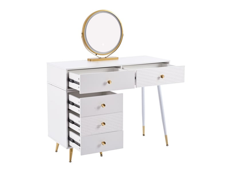  Coiffeuse avec miroir led 100 x 40 x 78 cm blanche en mdf, meuble latéral modulable et cinq tiroirs  - Conforama E