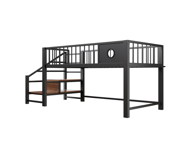 Lit mezzanine bas enfant métal noir 90x200 cm, échelle avec rangement, cadre robuste - Conforama D