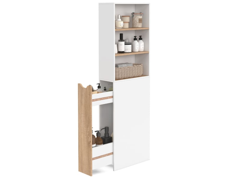 Meuble colonne salle de bain tomi gain de place desserte 2 niveaux avec tiroirs et 3 étagères façon hêtre et blanc  - Conforama A