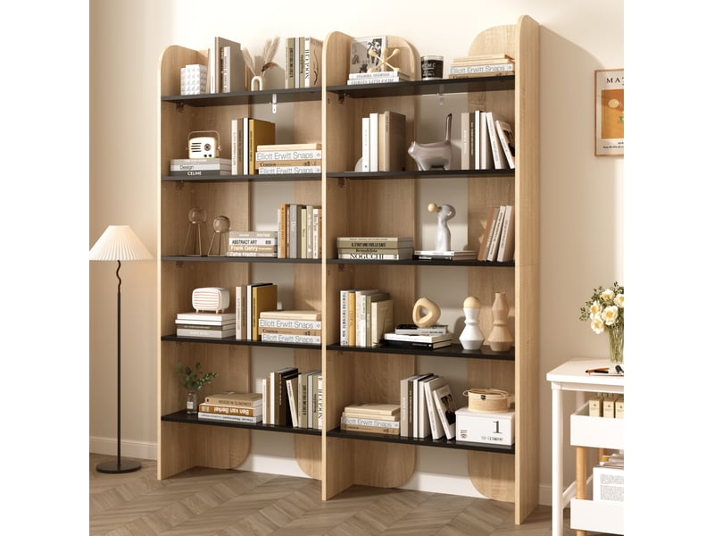  Bibliothèque 135x25x160 cm 5 niveauxouverte, grand rangement, étagère ouverte, panneauxde particules, naturel et noir  - Conforama D