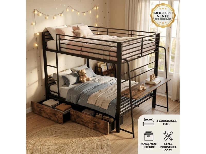  Lit superposé 140x200 cm avec bureau, led rgb et 2 tiroirs noir  - Conforama E