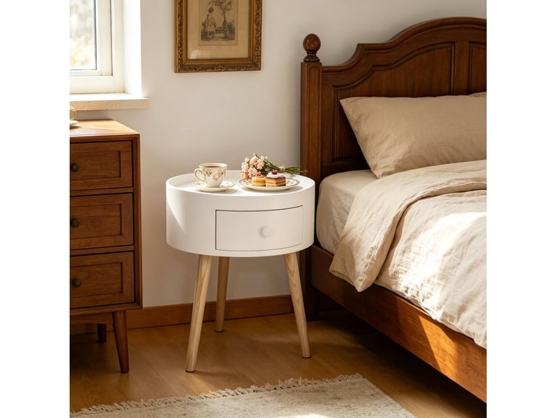  Table de chevet ronde avec tiroir, blanc et bois clair, 38 x 38 x 45 cm  - Conforama D