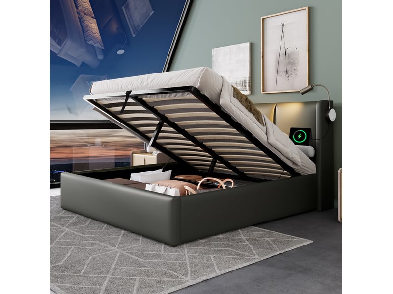 Elvmi lit coffre capitonné 160x200 cm en pu gris avec tête de lit, liseuse orientable, fonction de charge usb, sommier relevable à lattes en bois massif, structure métal, grand espace de rangement, design moderne pour chambre ad… - Conforama B