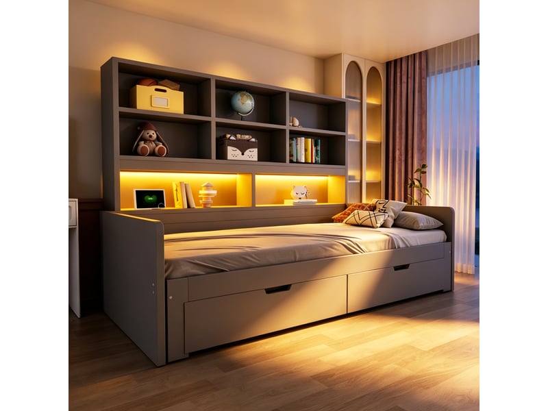  Canapé-lit en bois 180 x 200 cm - avec lit gigogne - avec lumière led - avec prise électrique - avec 2 tiroirs - gris (matelas non inclus)  - Conforama E