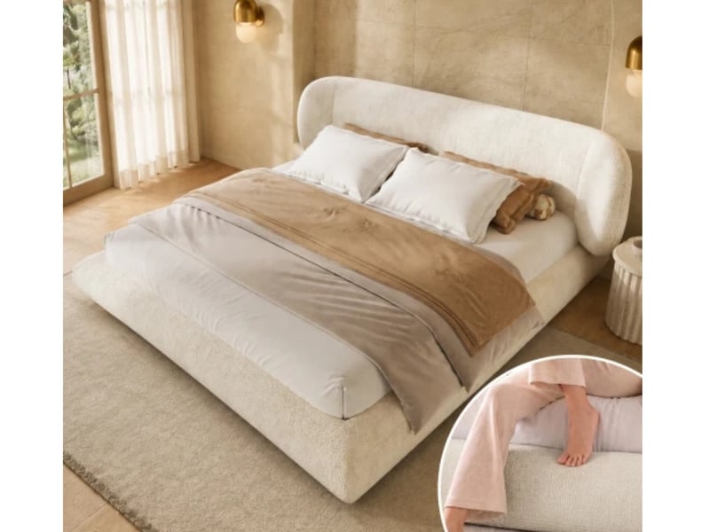  Lit capitonné 180×200, sommier + tête, chenille, bois, beige, sans matelas  - Conforama B