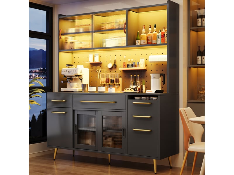  Buffet haut de cuisine 145x39x171 cm – noir – led, rangements modulables, porte vitrée et panneau perforé  - Conforama E