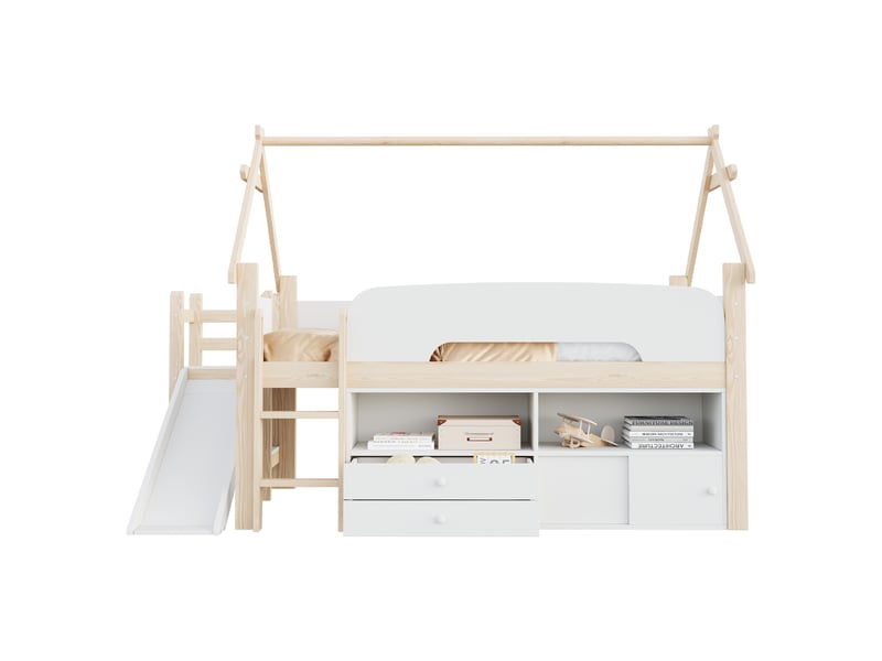  Lit mi-hauteur enfant 90x200 cm, lit cabane avec toboggan, garde-corps, tiroirs, niches et placards coulissants, espace de jeu, bois naturel blanc  - Conforama A