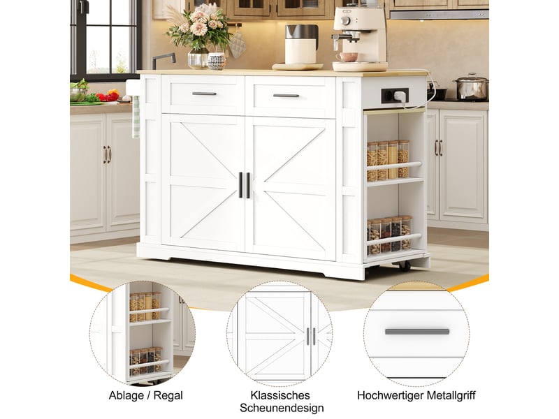 Îlot de cuisine mobile avec plan de travail coulissant et prises - lpospi - rangement mdf naturel et blanc - Conforama E
