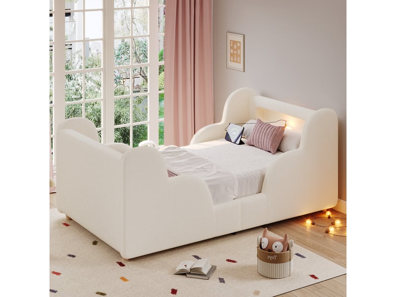  Lit enfant 90 × 200 cm 1 place avec barrière de sécurité, veilleuse, usb et type-c, sans matelas, beige bouclé  - Conforama C