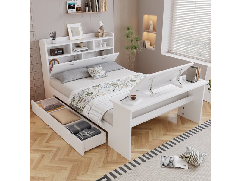 Lit 140x200 cm avec rangement, étagères de tête, tiroir et table inclinable blanc - Conforama B