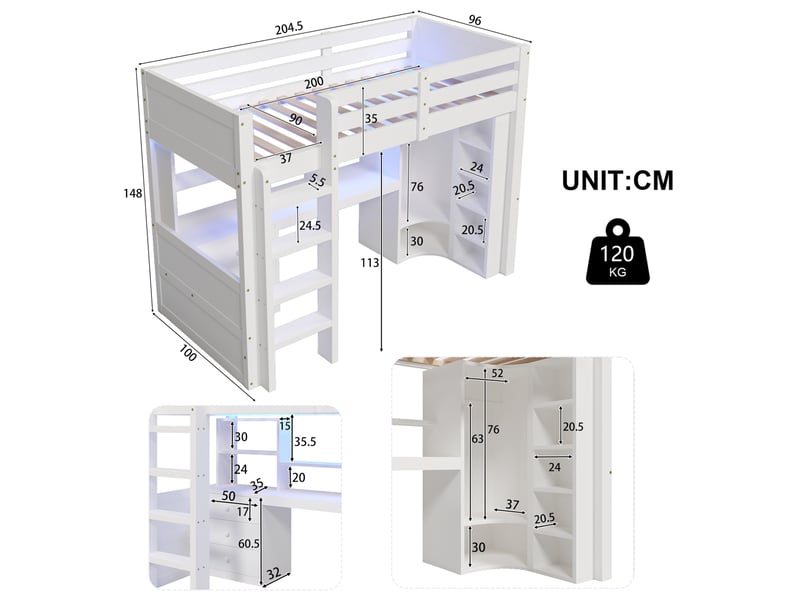 Modenvie lit mezzanine 90x200 cm - avec led, bureau et rangement, sans matelas - blanc  - Conforama C
