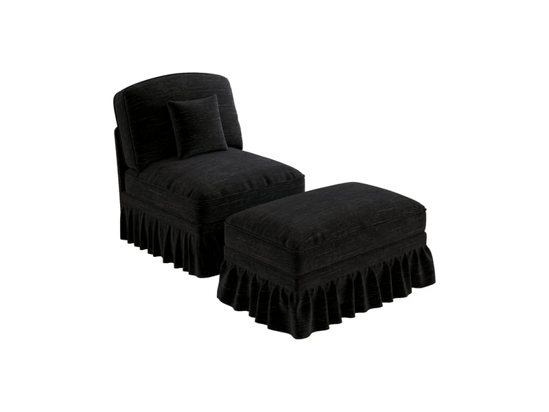  Fauteuil avec pouf avec housse à volants amovible, coussin mobile et assise profonde, en chenille noir  - Conforama A