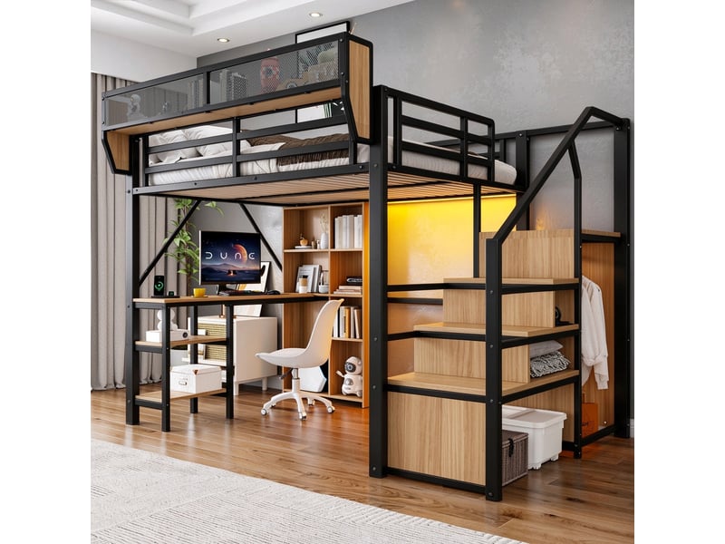 Lit mezzanine 140x200 cm – avec escalier de rangement – avec bureau – avec éclairage led – avec prise électrique – noir (matelas non inclus) - Conforama D