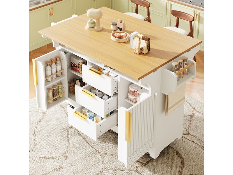  Îlot de cuisine extensible 120-197 cm sur roulettes, plateau rabattable des deux côtés, 3 tiroirs, placard et tablettes réglables - blanc  - Conforama B