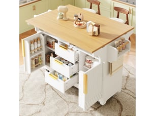 Îlot de cuisine extensible 120-197 cm sur roulettes, plateau rabattable des deux côtés, 3 tiroirs, placard et tablettes réglables - blanc