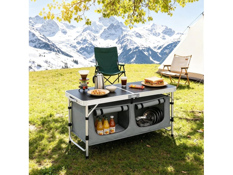 Table de camping pliante 120x47 cm – noir et gris – hauteur réglable 6269,5 cm avec sac suspendu pratique - Conforama D