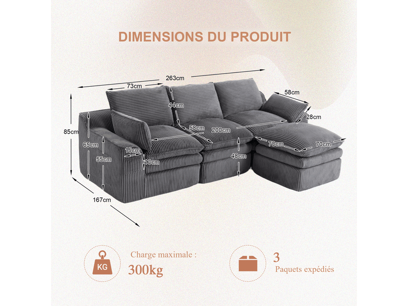  Canapé modulable 3 places en velours côtelé gris foncé 263x167x85 cm avec pouf, coussins et poches latérales 263x167x85cm - Conforama C
