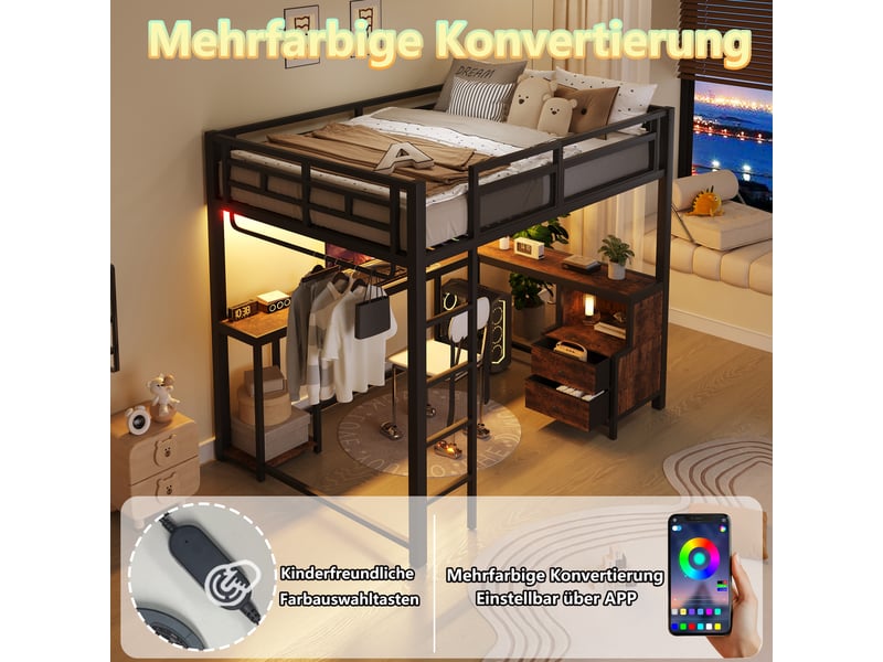  Lit haut 140x200 cm, coloris noir, structure métal et bois, bureau, usb et éclairage led.  - Conforama E