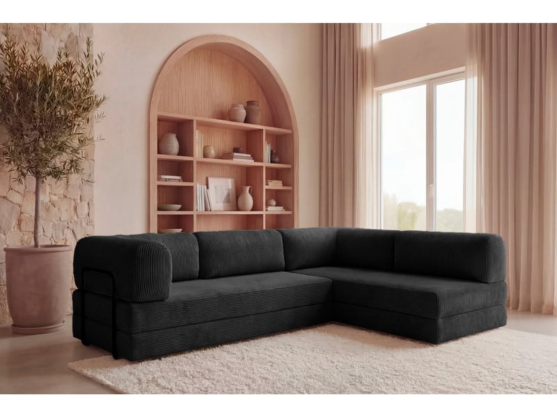 Cosima - canapé d'angle convertible petit velours côtelé 4 places noir gauche - Conforama B