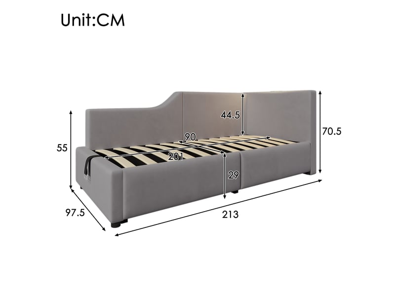  Lit de jour velours gris 90x200 cm avec coffre hydraulique, port usb-c et lampe de lecture  - Conforama C