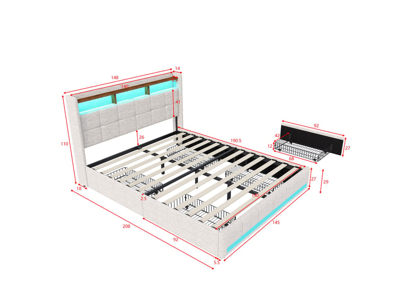  Lit adulte 140x190, 4 tiroirs, ports usbtype-c, lit double capitonné avec éclairage led, tête de lit avec rangement, tissu lin, beige  - Conforama E