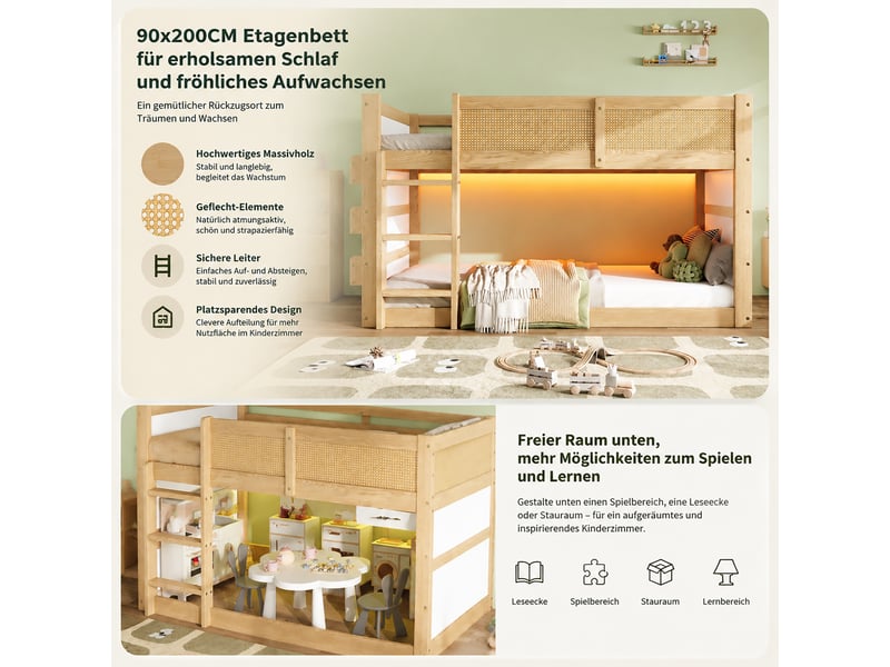 Lit mezzanine 90×200 cm, lit simple - led, 3 étagères et barrière - sans matelas - en bois - naturel et blanc  - Conforama E