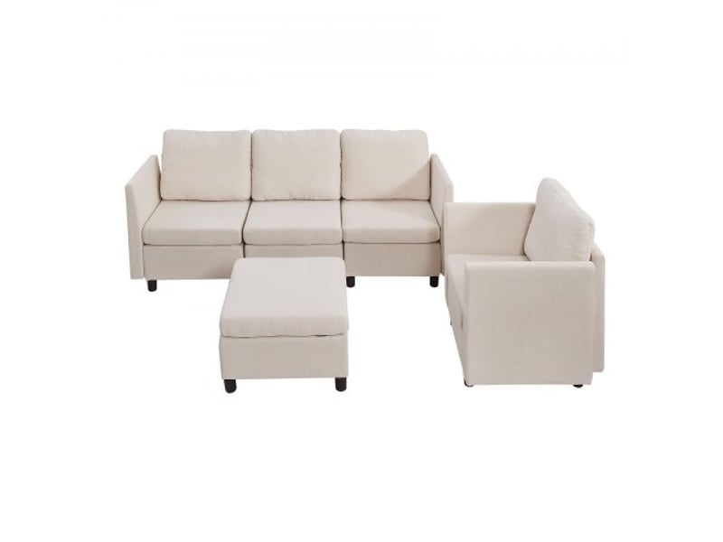 Canapé modulable sectionnel 5 places, canapé d'angle convertible moderne en mousse haute résilience avec rangement dissimulé, sofa rembourré avec cadre en bois massif, pour salon, chambre, beige - Conforama E