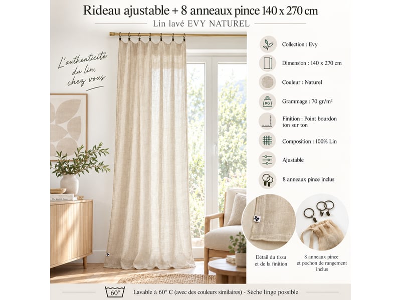 Rideau ajustable + 8 anneaux pince 140 x 270 cm 100% lin lavé evy sable 15189 - Conforama E