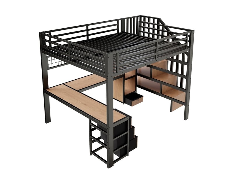 Lit mezzanine fer 140x200 cm étagère 4 tiroirs grille suspension led bureau escalier rangement noir sans matelas - Conforama D