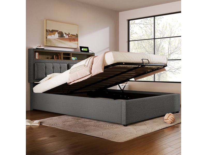  Lit rembourré double 160x200 cm en lin gris avec coffre, usb type-c, tête réglable, sans matelas  - Conforama E