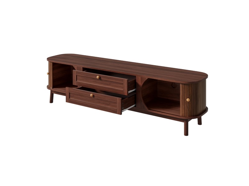  Meuble tv moderne – effet bois, tiroirs et rangements intégrés, coins arrondis, pieds en bois massif  - Conforama D