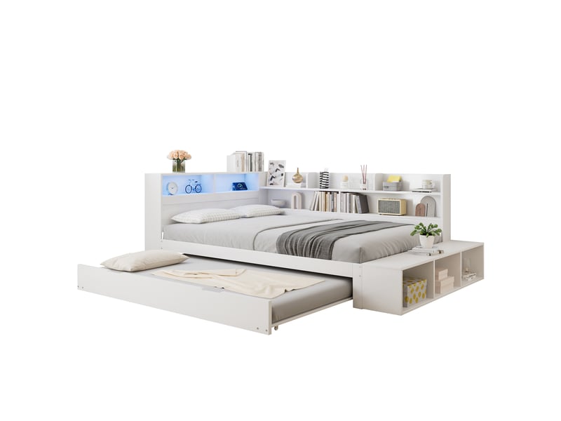  Lit combiné 120 x 200 cm en bois avec lit gigogne 90 x 190 cm, rangements, led, port de charge et banquette, blanc Bliss Lite - Conforama A