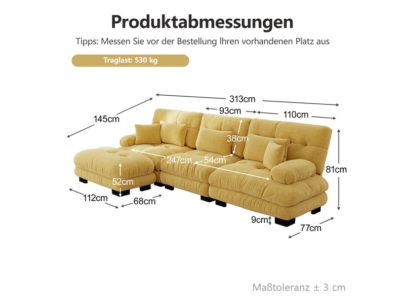 Canapé nuage d'angle modulable 3 places 313x145x81 cm avec pouf mobile, assise profonde, accoudoirs arrondis, chenille jaune Radiant Stride - Conforama C
