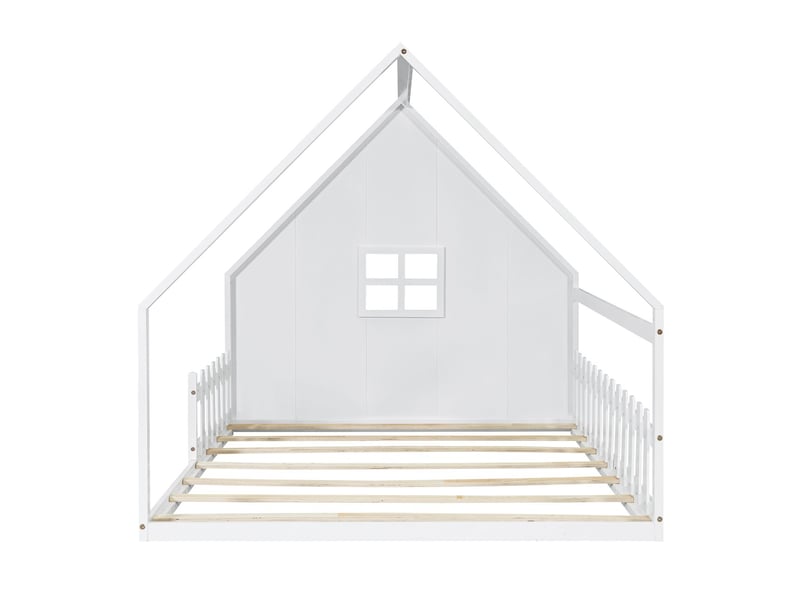  Lit cabane enfant 140x200 cm - avec barrière de sécurité en bois - lit enfant - design maison au sol esthétique et durable blanc  - Conforama D