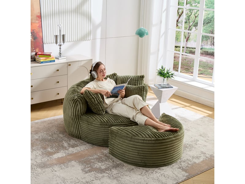 Canapé droit à assise ronde, sofa-lit sans pieds, repose-pieds, tissu doux cordé, 168×123×63 cm, émeraude - Conforama B