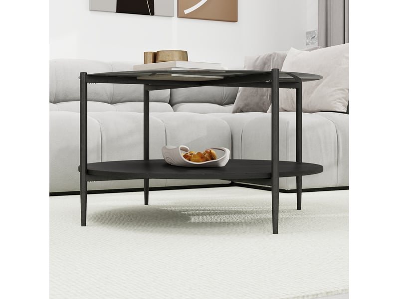  Table basse ronde à 2 niveaux – verre trempé fumé noir et bois – ø 82 x h 45 cm  - Conforama C