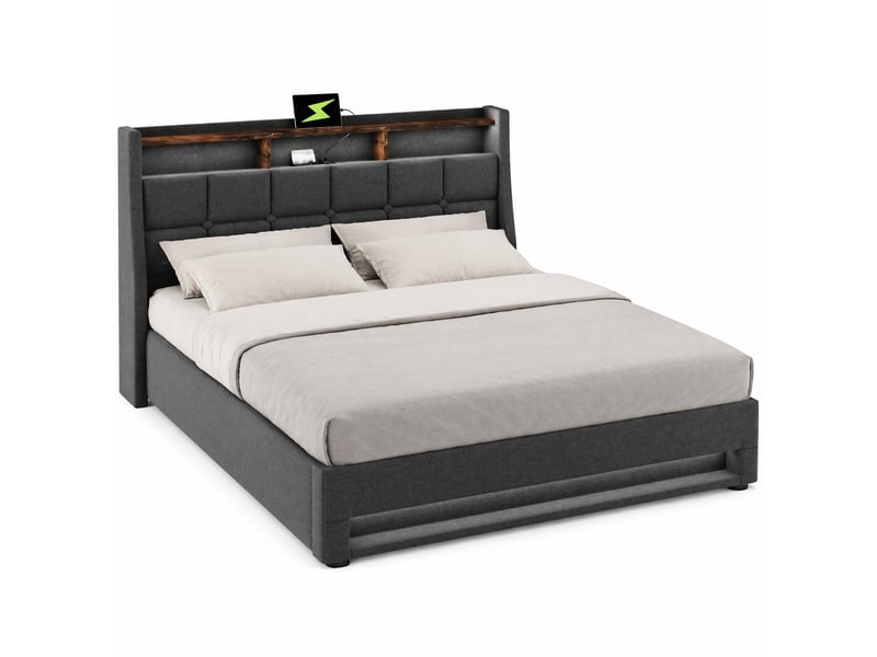  Lit coffre 160x200 cm 2 places avec espace de rangement, led, tête de lit, sommier et revêtement lin gris, sans matelas  - Conforama A