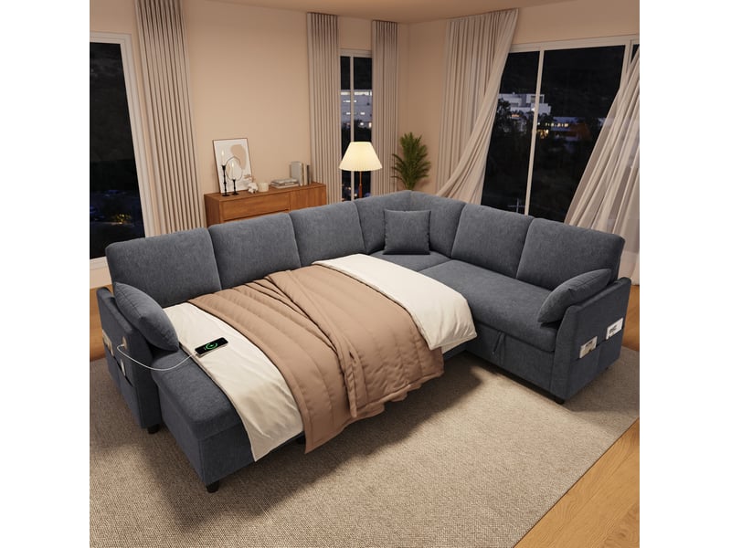  Canapé d'angle convertible 6 places avec rangements, ports usb et usb-c, poches latérales, en tissu effet lin gris  - Conforama C