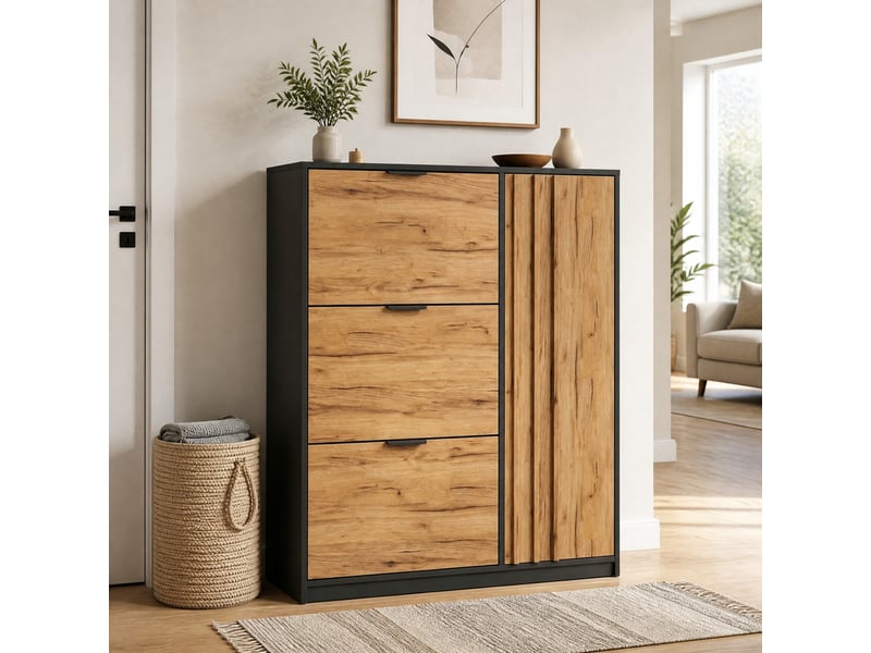  Meuble à chaussures 100x30x130 cm en mdf avec 3 compartiments rabattables et 1 porte naturel et noir chicfurn  - Conforama B