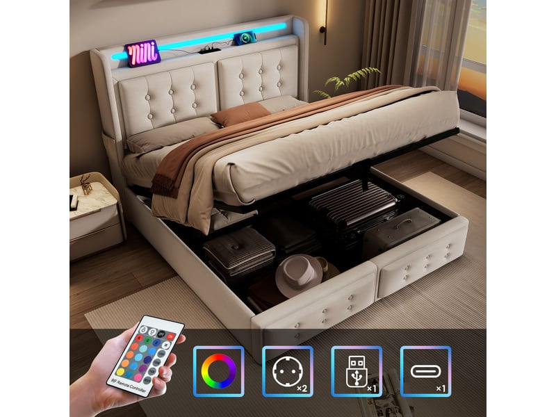 Lit rembourré, lit double 160x200 cm, rangement hydraulique, led, usb, sommier à lattes, charge 300 kg, lin beige, matelas inclus - Conforama C