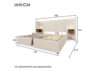 Lit double rembourré - 160x200 cm - corduroy beige - table de chevet intégrée - lampe de lecture tactile